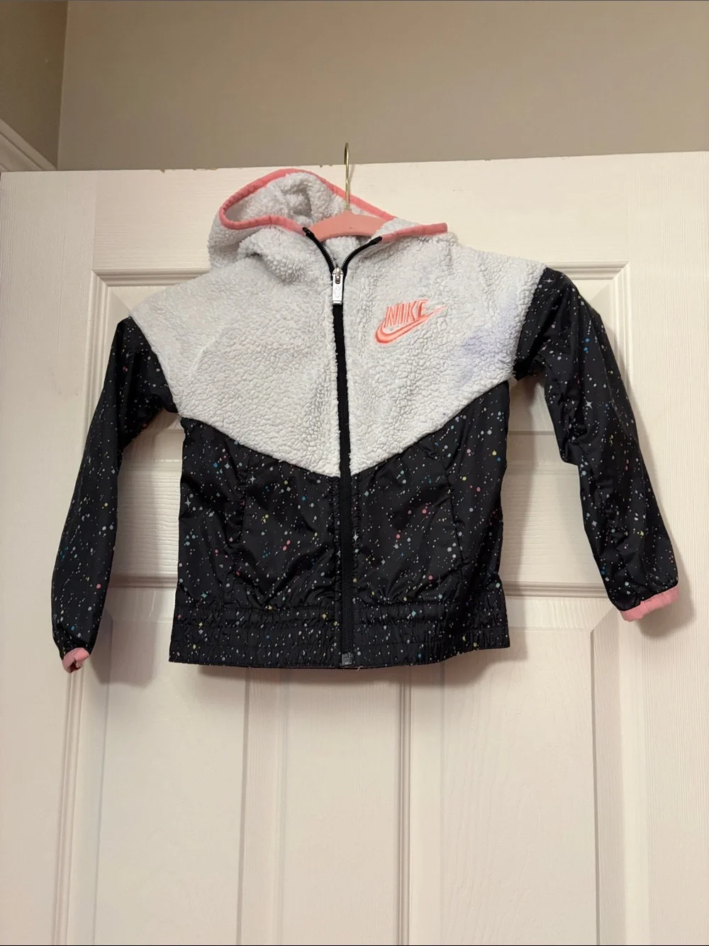 Nike Black & White Hooded Jacket with Pink Logo